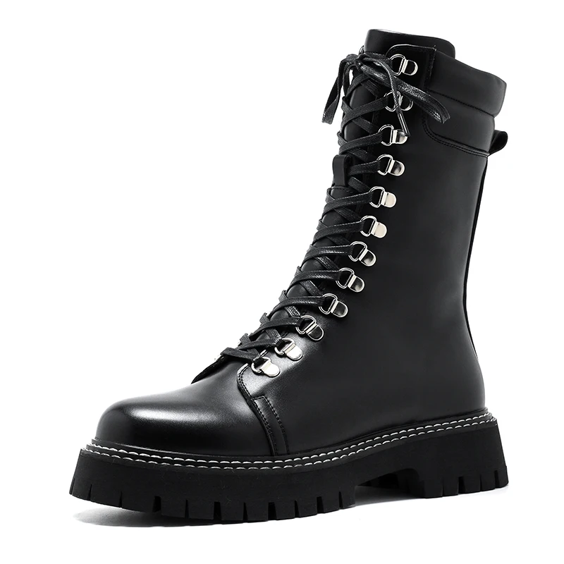 men\'s fashion high top motorcycle boots stage nightclub dress black original leather shoes platform long boot knight botas mans