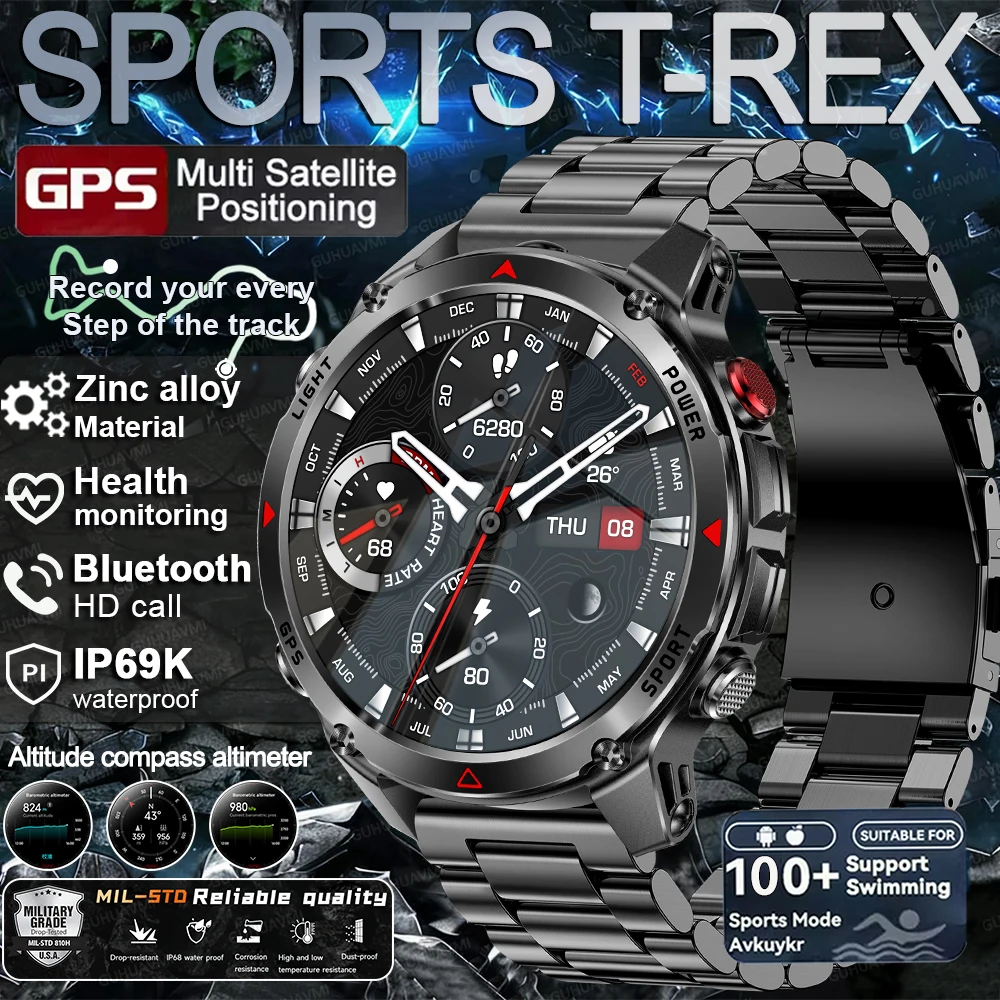 

2025 New Military T-Rex 3 GPS Sports SmartWatch Compass Altimeter IP69K Waterproof Battery Call heart rate Fitness Bracelet Men