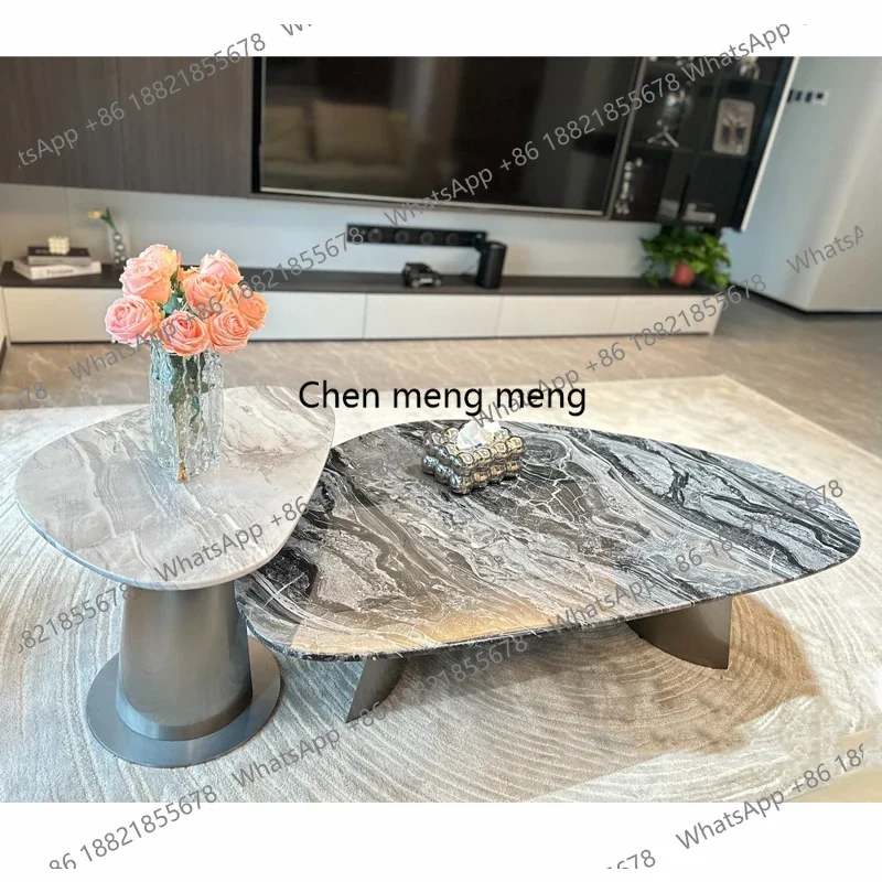 C85 New Luxury Stone Coffee Table: Natural Venetian Brown Marble Abstract Design, Minimalist Furniture for Compact Homes