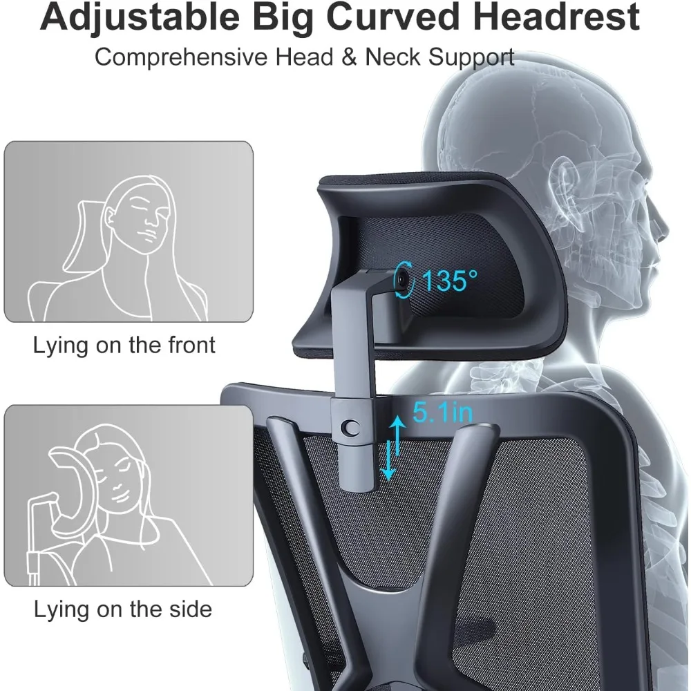 Ergonomic Office Chair - High Back Desk Chair with Lumbar Support, Headrest & 3D Armrest - 130°Rocking Mesh Computer Chair