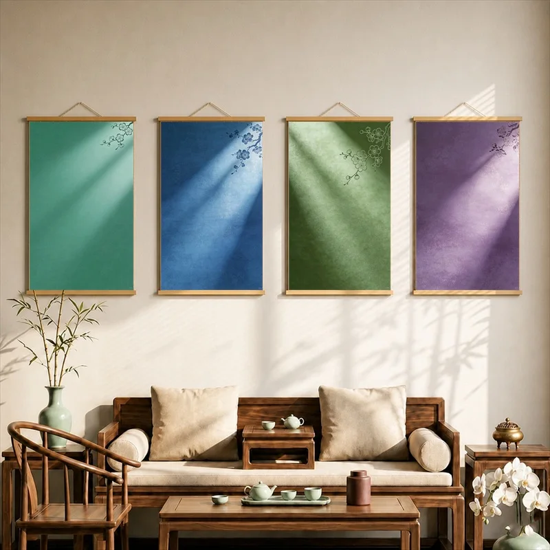 Vintage Wabi Sabi Botanical Canvas Wall Art Hanging Scroll Warm Neutral Retro Print with Wooden Rods for Living Room