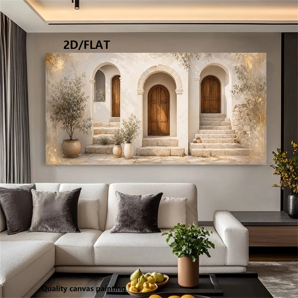 Mediterranean-style door canvas print, rustic stone house wall art, Greek island architecture, neutral coastal decor, no frame