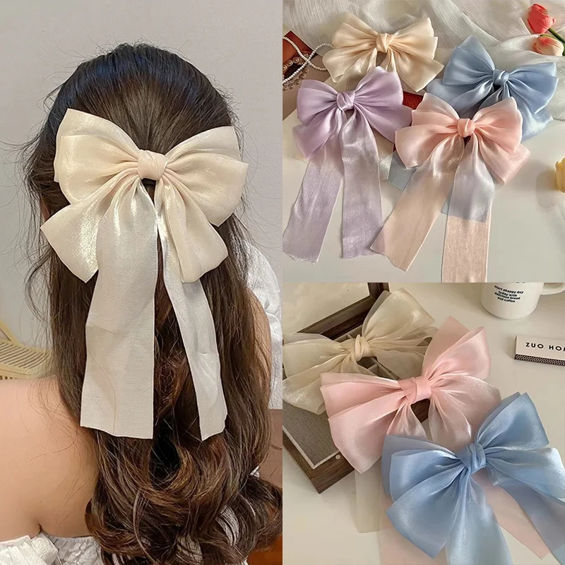 

New Candy Color Sweet Mesh Big Bow Hair Clip Women Temperament Versatile Ponytail Ribbon Hairpin Girls Hair Accessories