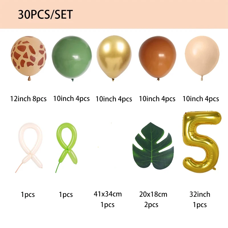 29pcs Jungle Safari Animal Girraffe Number Balloons Set Kids 1 2 3 Year Birthday Party Decorations Wild One Avocado Green Globos