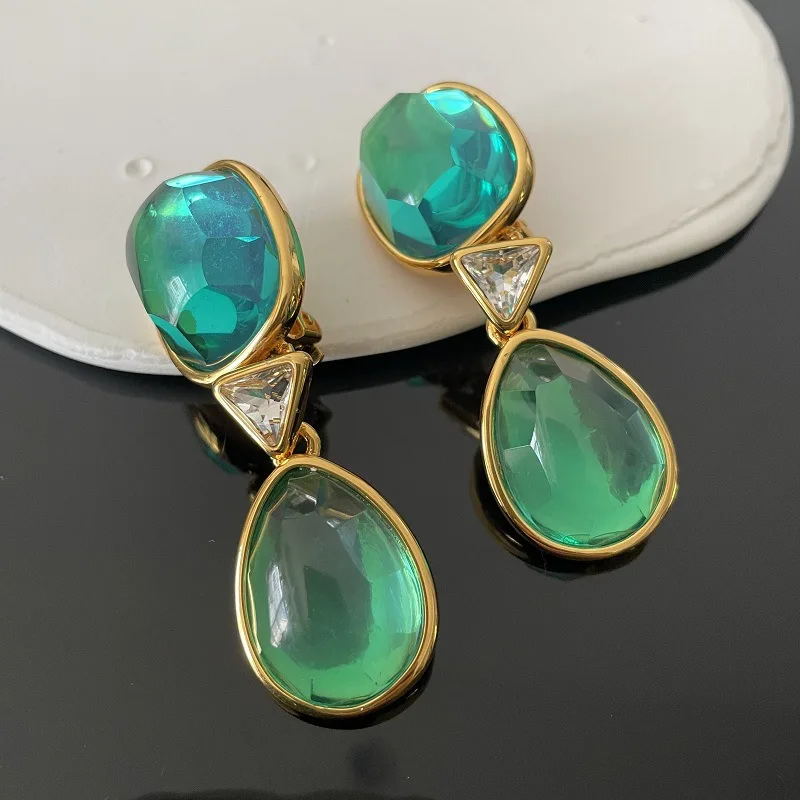 Vintage Green Resin Drop Clip On Earrings Triangle CZ Two Stone Dainty Mid-ancient Women Non Pierced Jewelry