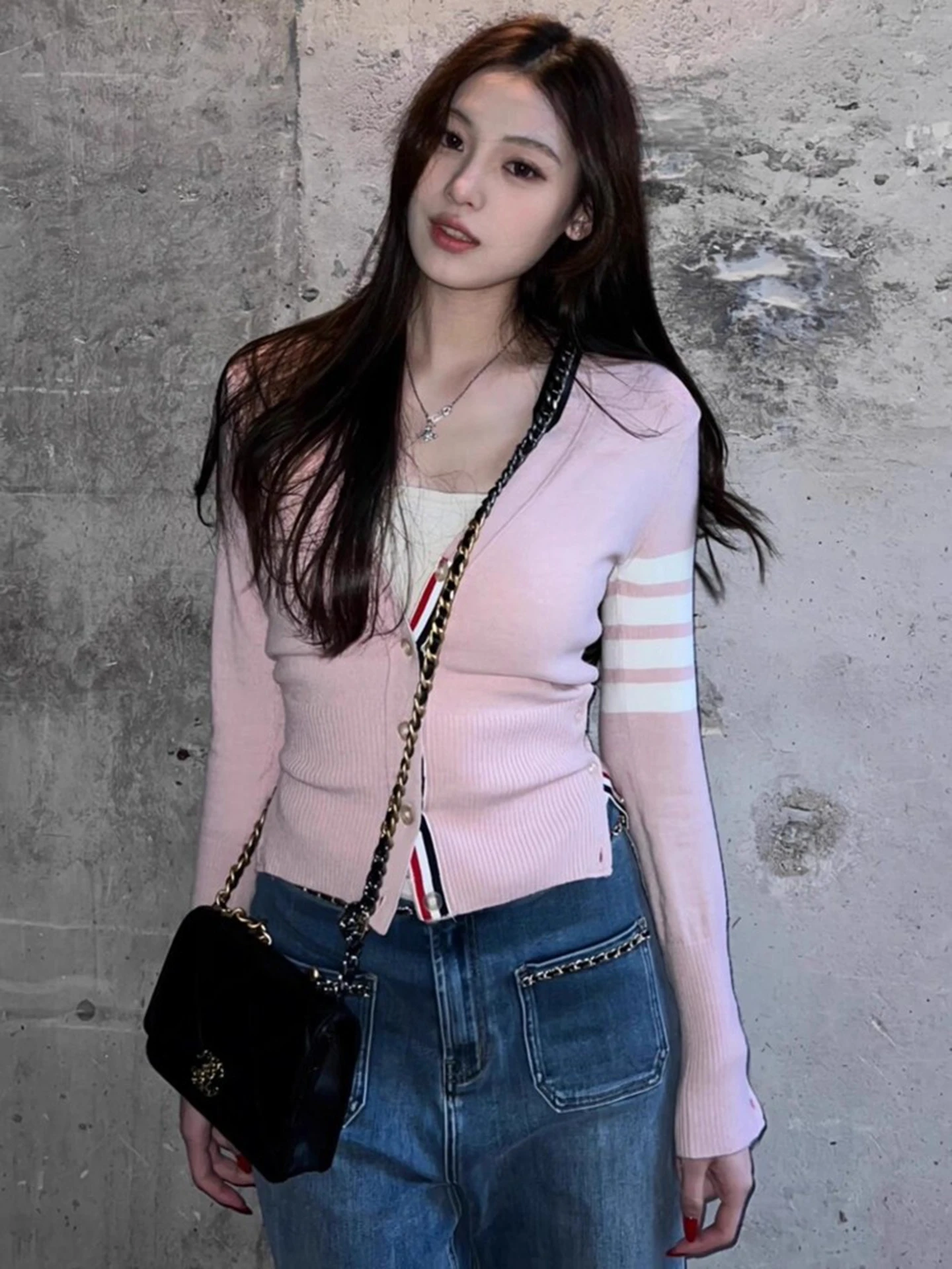 Slim Fit V-Neck Knitted Sweater Coat Short Sleeve Long Sleeve College Style Early Autumn Women's Fashion Soft Comfortable Kni...