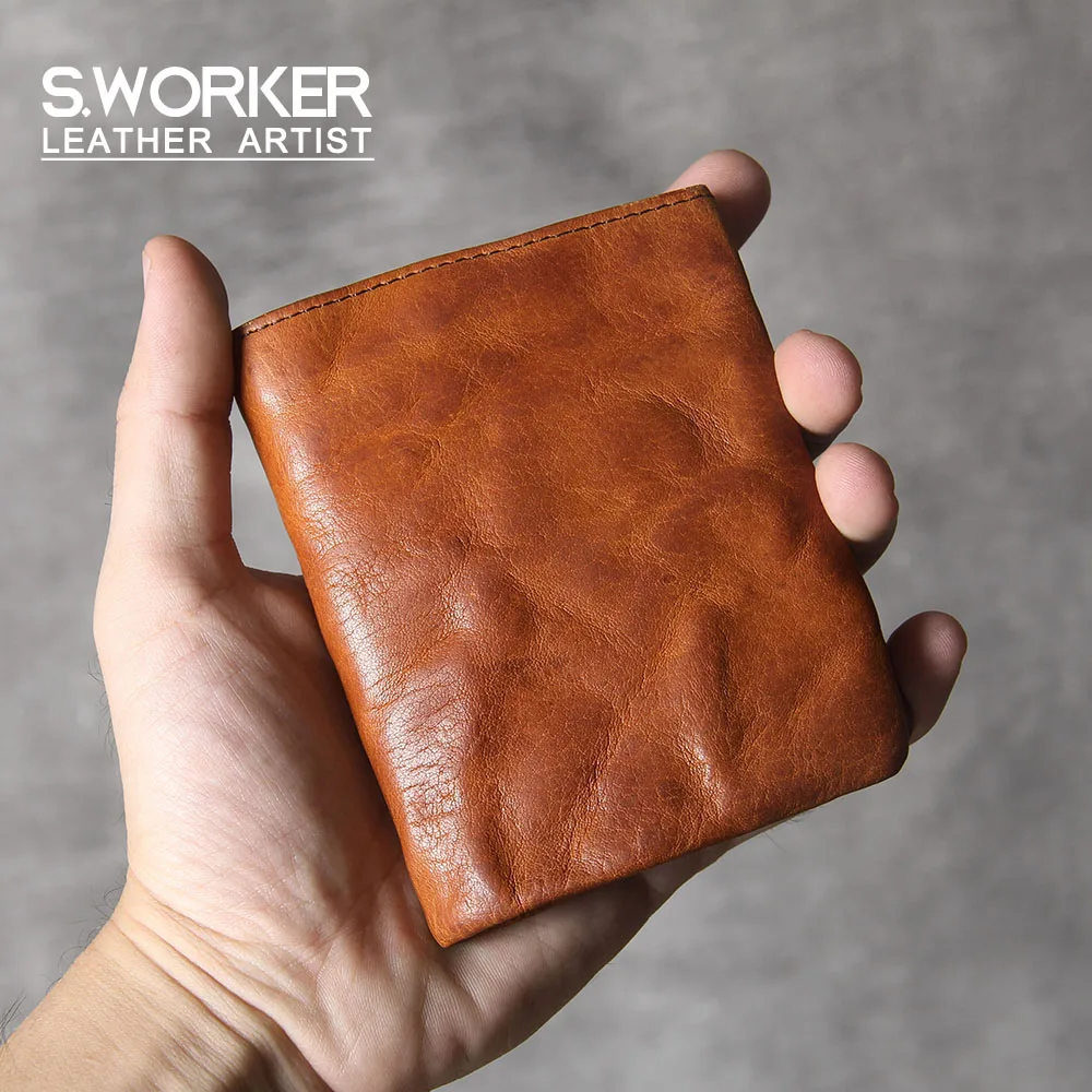 S.WORKER Vollnarbiges Rindsleder-Portemonnaie Vintage Slim Bifold Geldbörse für Herren Business – Detail 2