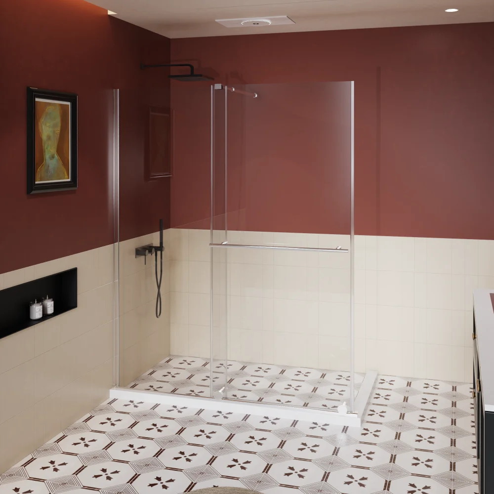 

Стеклянная душевая дверь, 30-60 дюймов (Ш) × 72 дюйма (В), раздвижная, 1/4 дюйма (толщина стекла), стальная ручка/опора, хром