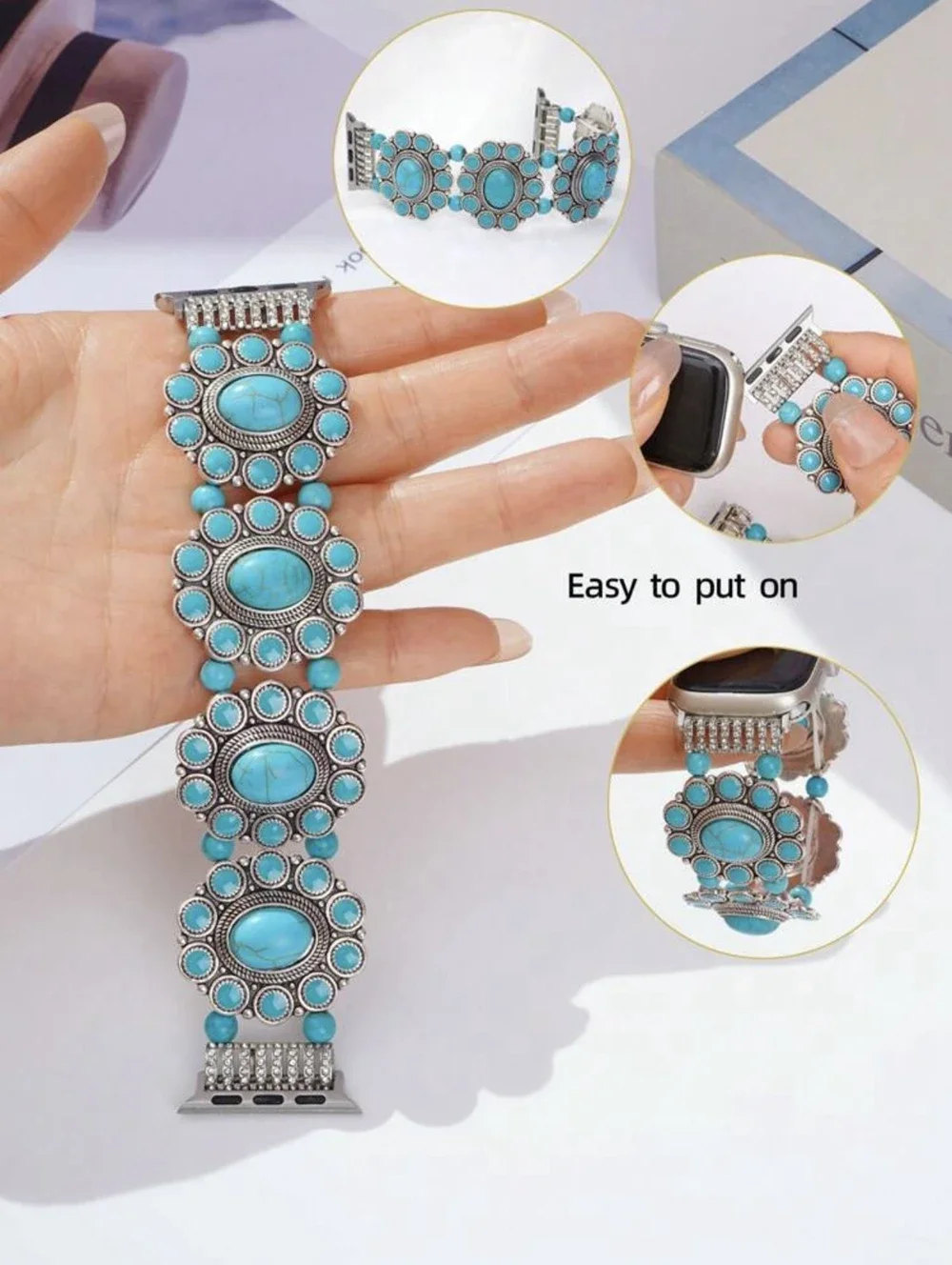 

Excellent Bling turquoise stone Bracelet loop For Apple Watch band women 10/9/7/ 38mm 40mm 41mm 42mm 44mm 45mm 46mm Strap
