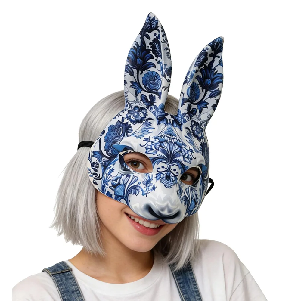 

Easter Blue-and-white Porcelain Rabbit Mask Cosplay Bunny Half Face Animal Masks Carnival Halloween Party Costume Props