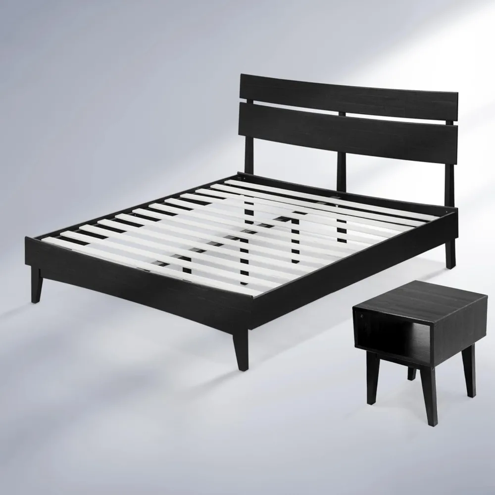 

Bed, Beds Frame Set, Solid Wood Platform Beds with Tall Headboard, Bedroom Side Table, Contemporary Wood Beds Compatible, Bed