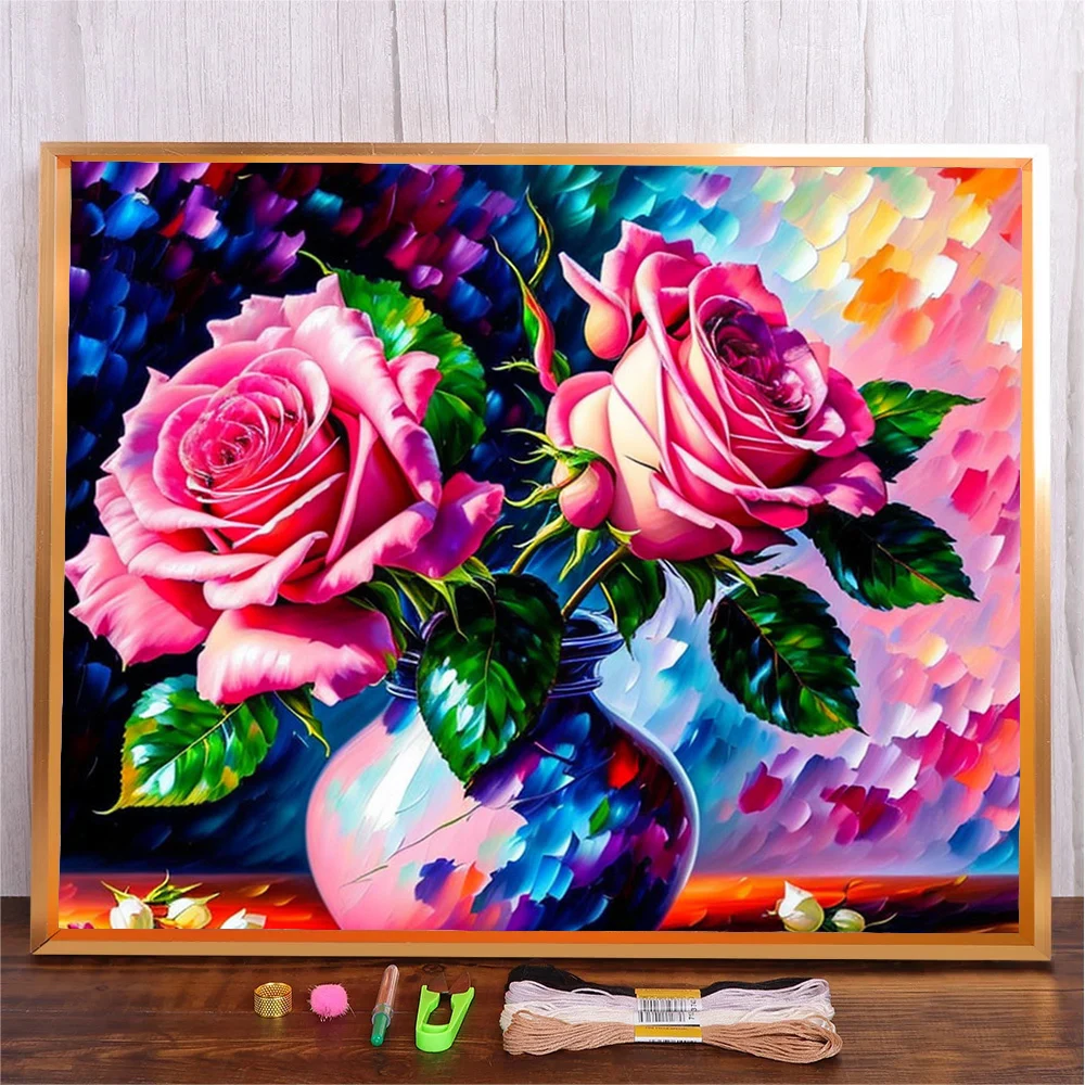 

Handicraft Cross Stitch DIY 11CT Embroidery Kit Living Room Decorative Painting New Popular Rose Flowers Printed Needlework Set