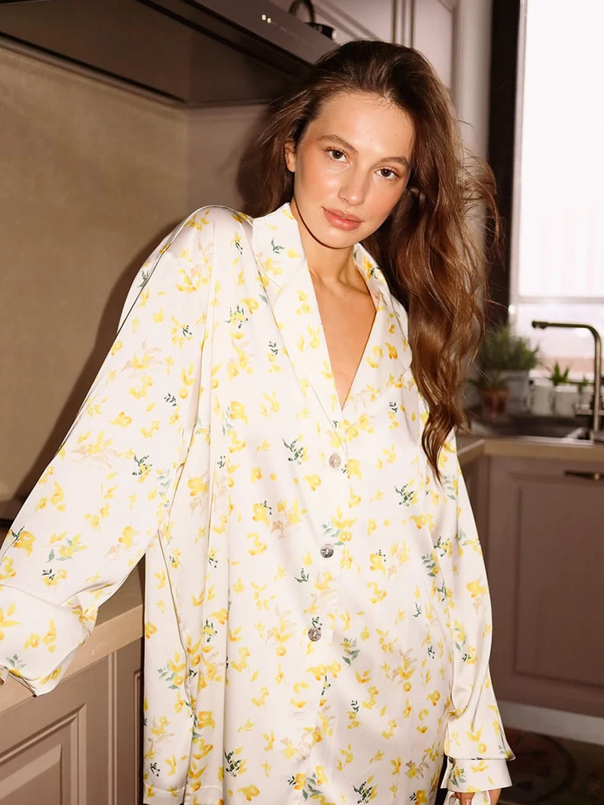 Marthaqiqi Printing Female Nightgowns Set Long Sleeve Robe Turn-Down Collar Sleepwear Lace Up Pajamas Pants Loose Nightwear Suit