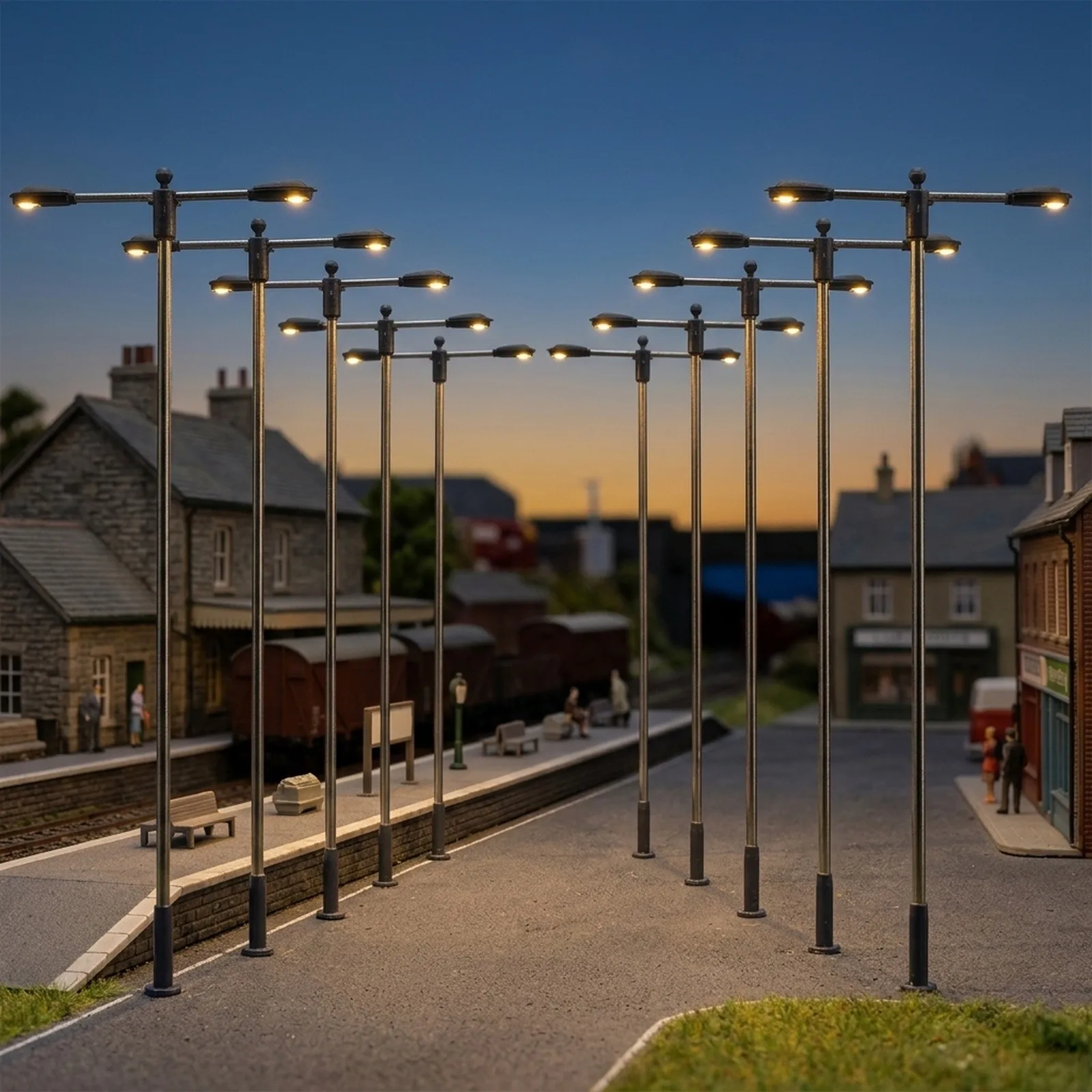HO OO Scale 10pcs Model Street Lamp 20mA Double Whip Lamps Flexible Steel Mast Street Light Two-Heads White LEDS