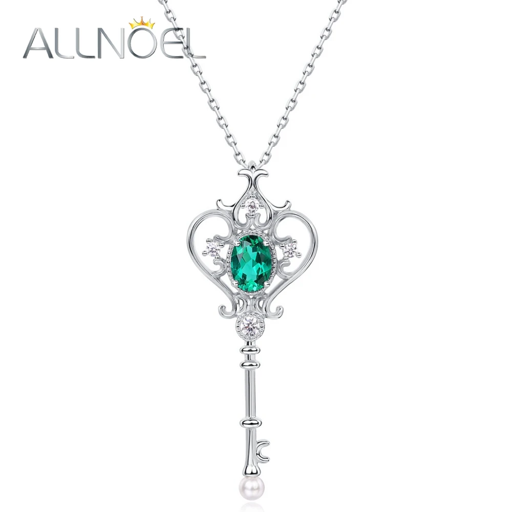 ALLNOEL Solid 925 Sterling Silver Necklace For Women Certified Lab Created Emerald Heart Key Shape Pendant Gifts Fine Jewelry