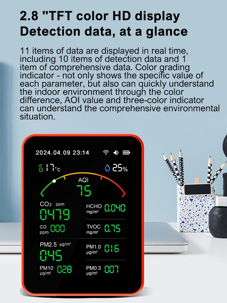 Tuya-室内空気品質モニター,15 in 1,wifi,aqi,pm0.3,pm1.0,pm2.5,pm10,温度および湿度計