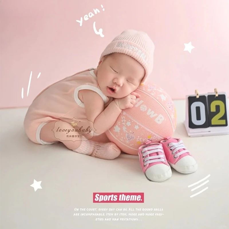 Newborn Photography Props Baby Girl Pink Basketball Theme Set with Ball Outfits Shoes Sports Backdrop for Studio Photoshoot