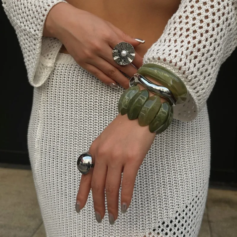

Punk Green Resin Acrylic Smudging Bangles Exaggerated Geometric Oval Elastic Bangle Cuff Bracelets for Women Men Jewelry