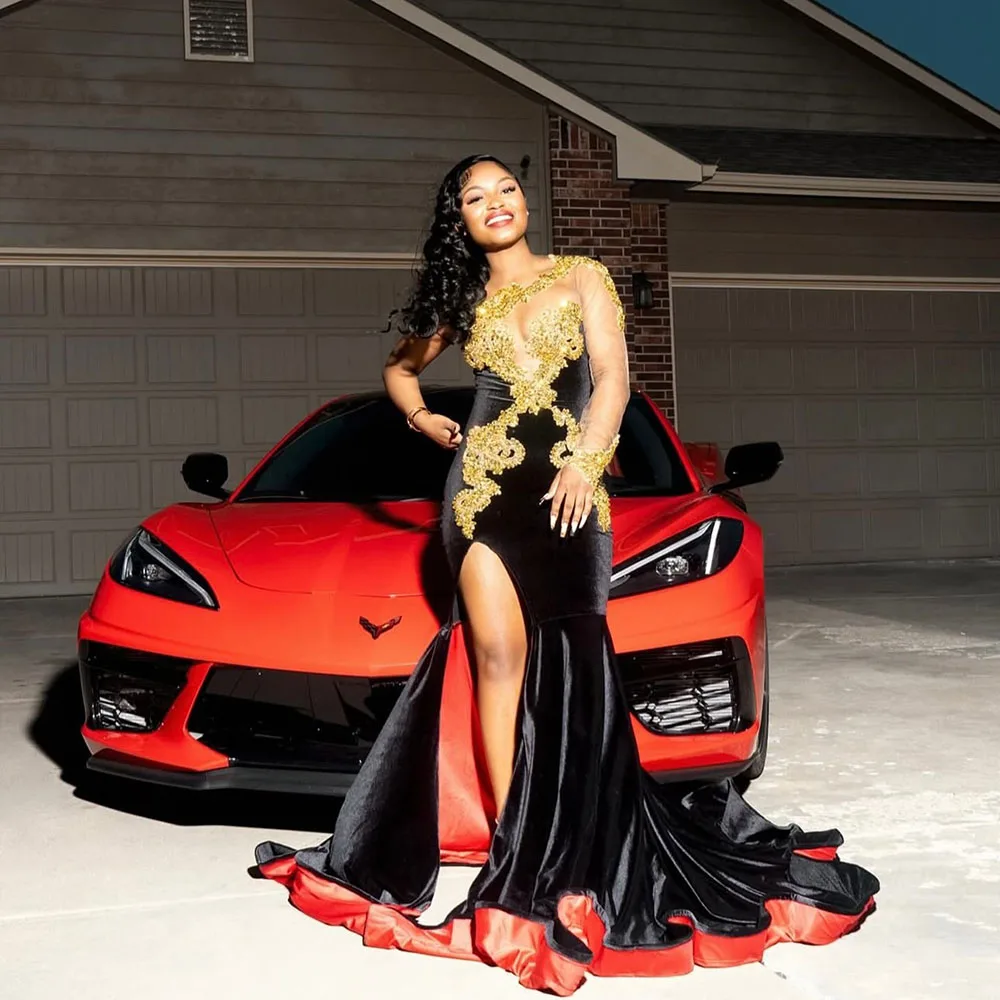 

Black Prom Dresses Black Girls 2025 Crystal Mermaid Party Gowns One Long Sleeves African Evening Dress Customized