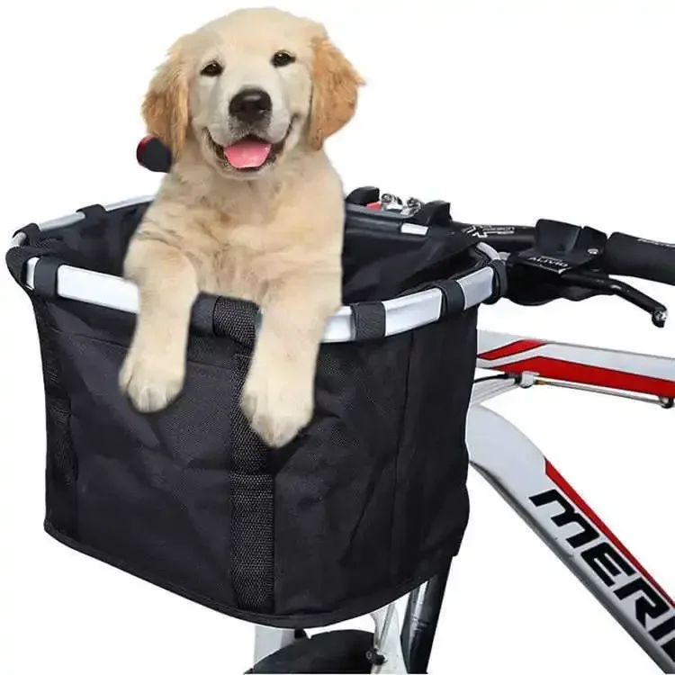 Bicycle Front Basket Bike Small Pet Dog Carry Pouch 2in1 Detachable MTB Cycling Handlebar Tube Hanging Fold Baggage Bag