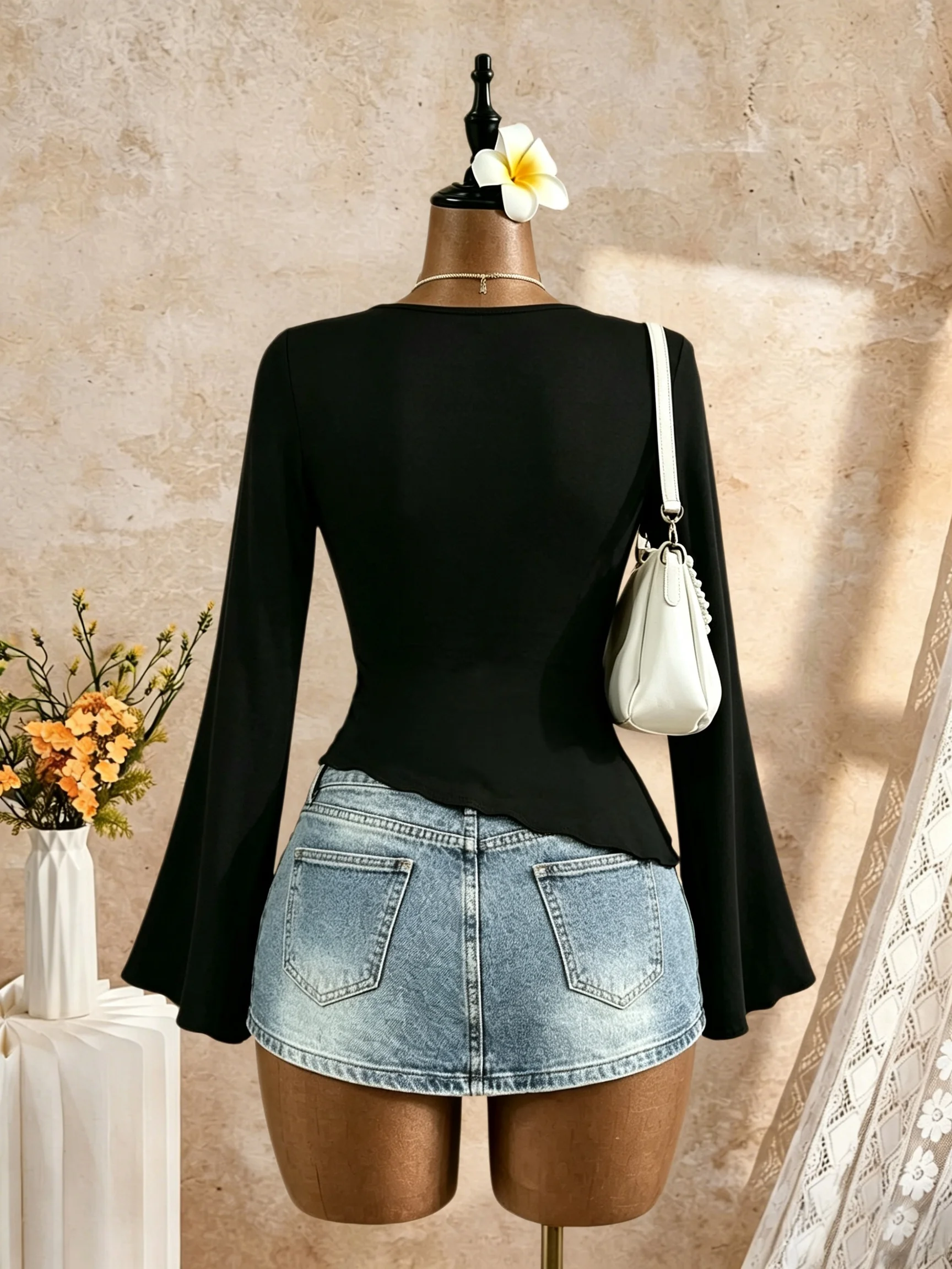 Women Deep V Neck O Ring Tie Waist Flare Long Sleeve Top Asymmetric Hem Slim Fit Crop Tee Y2K Sexy Casual Party Basic Shirt