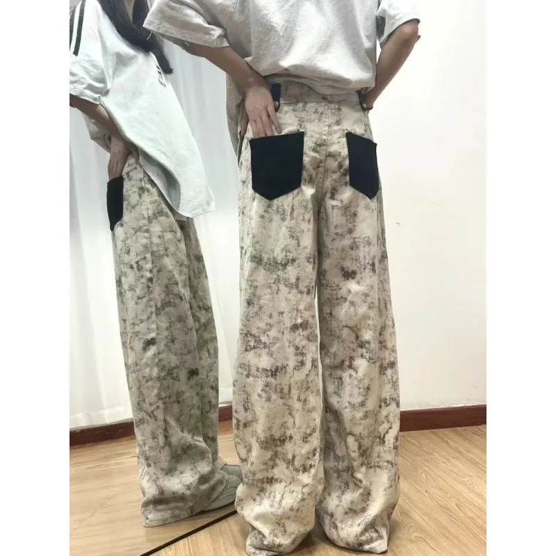 2025 Nuevos pantalones de pierna ancha con estampado Tie-dye americano MM Ropa exterior simple de cintura alta que muestra pantalones de piso drapeados altos