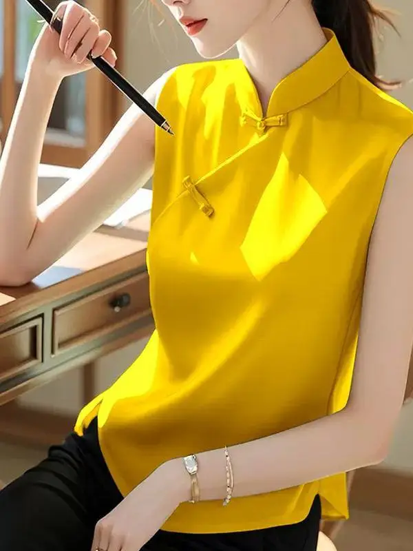 Nuovo Top Estivo da Donna in Seta Cinese, Design Elegante e Semplice, Stile Casual e Alla Moda