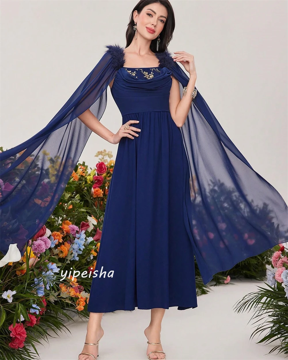 Customized  Chiffon Applique Draped Feather Celebrity A-line Square Collar Bespoke Occasion Gown Midi Dresses