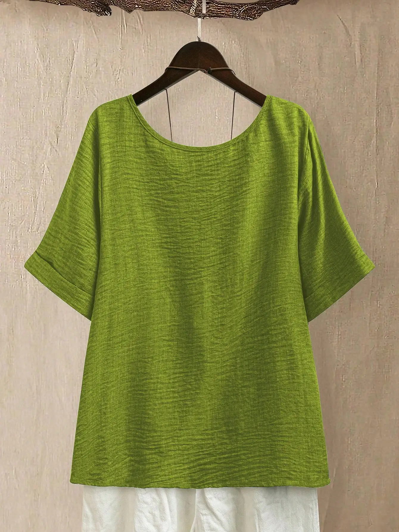 

Plus Size Women Round Neck Casual Textured Pullover Top Spring Summer Bright Green