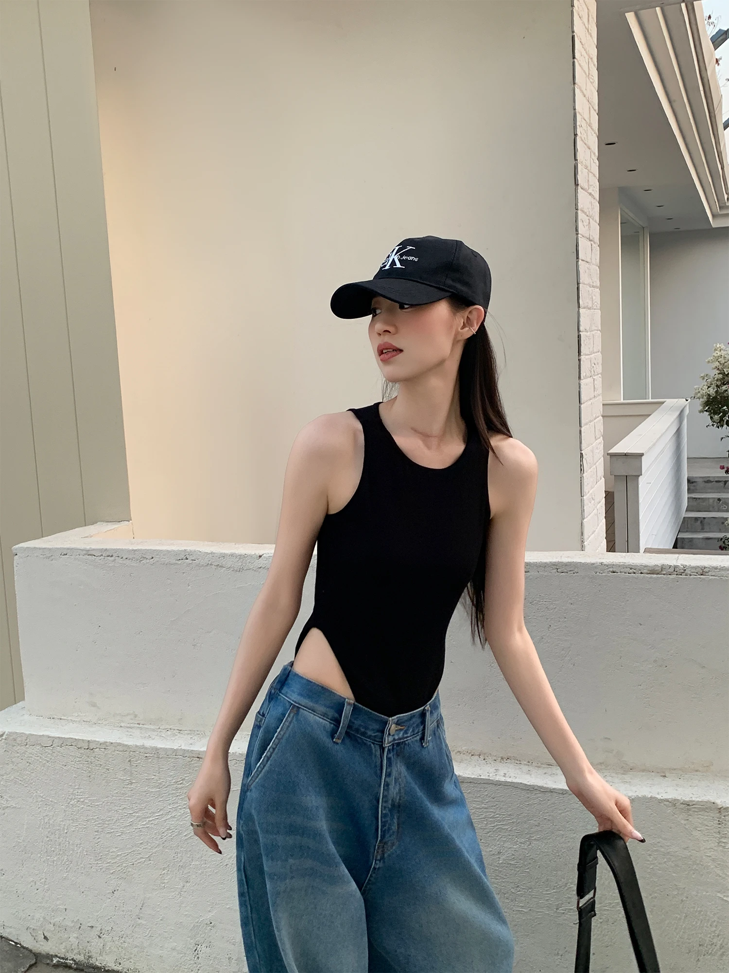 

Bla-Piece Strap Vest Women's Slim Fit Inner Wear Outerwear Design Commute High Waist ort Pant High Elastici Fabric