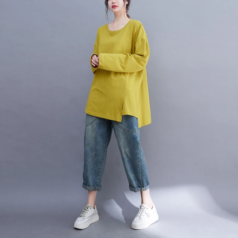 Luźna długa koszulka damska, kolorowa, codzienna bluzka, koreański styl, bazowa warstwa, wiosna-jesień, nowość, rozmiar plus size.