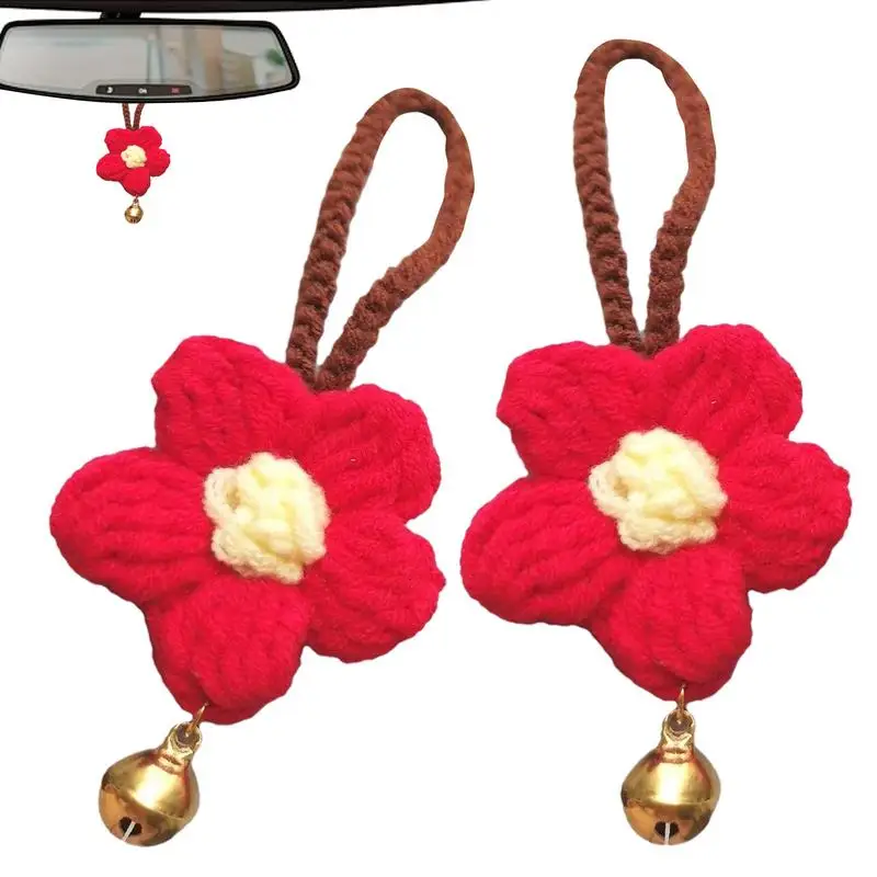 Rearview Mirror Crochet Flower 2pcs Flower Shaped Pendant Rearview Mirror Crocheting Ornament Household Decors Automotive Trim