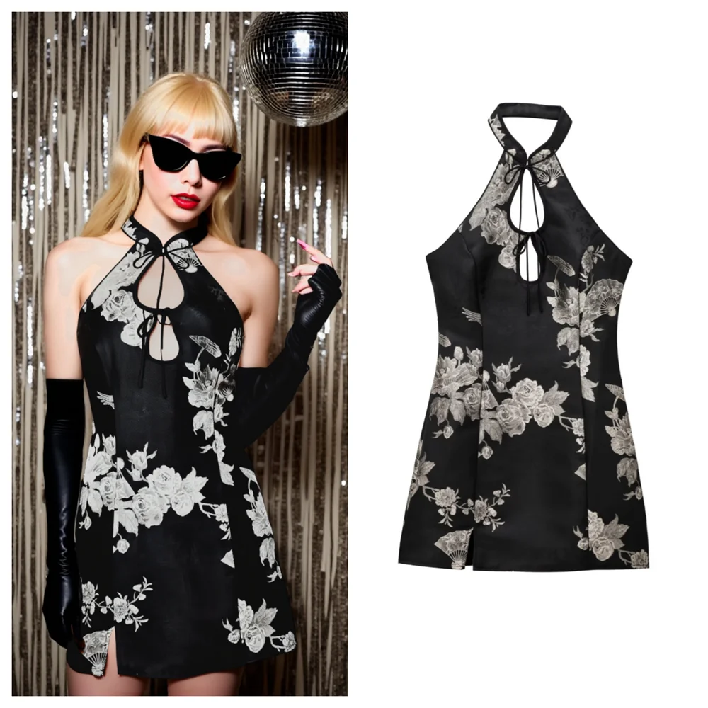 

PB&ZA women's open back mini dress with tie front cutouts and all over floral scalloped print for an exotic feel