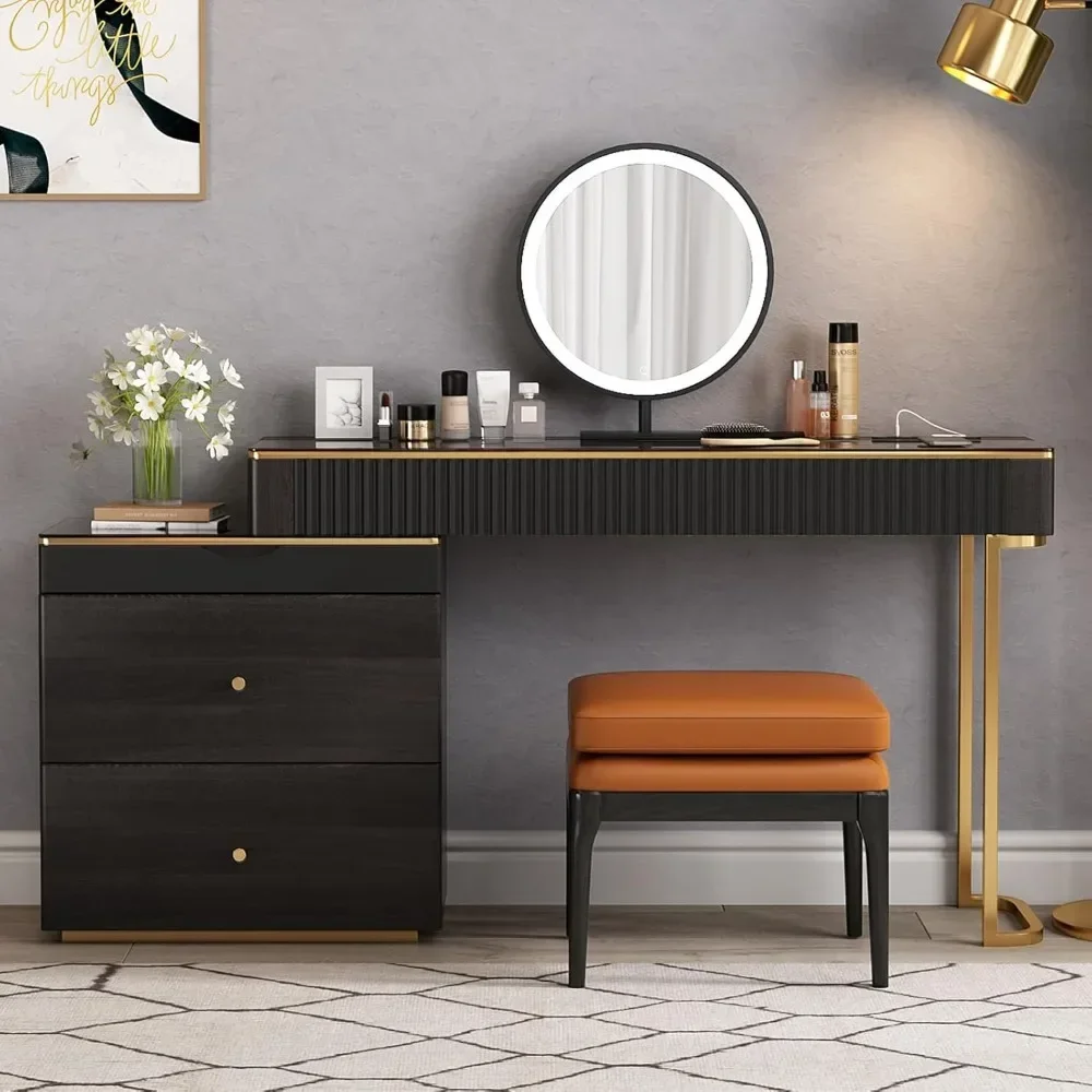 extendable Dresser Set、Dressing Table,Super Storage、LED Lighted Vanity Mirror with ash All Solid Wood upholstered Makeup Stool