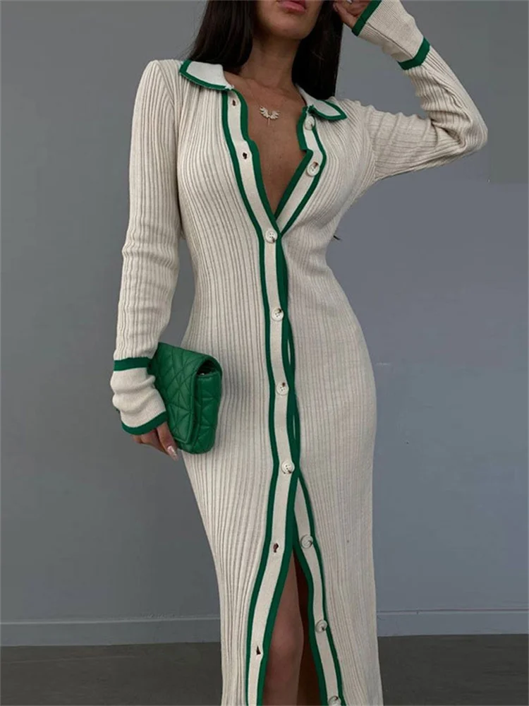 

Patchwork Slim V-Neck Dress Cardigan For Women Contrast Long Sleeve High Street Maxi Dress Female Elegant Party Dress 2023
