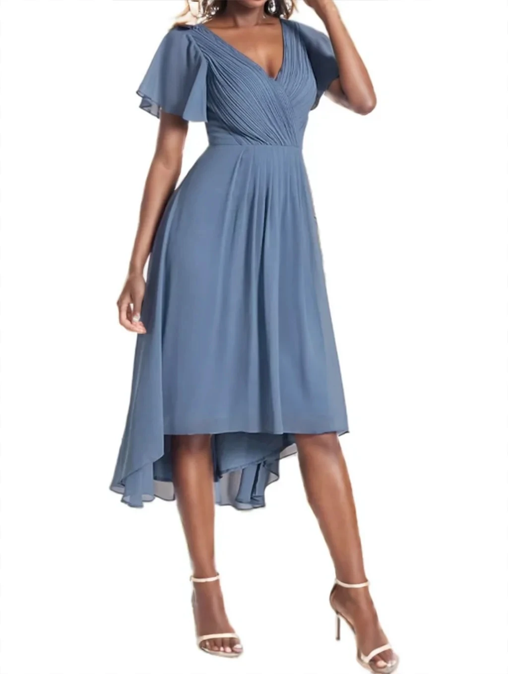 

Women's Pleated Double V-Neck Halter Short Sleeve Chiffon Party Bridesmaid Cocktail Dress Gray Blue