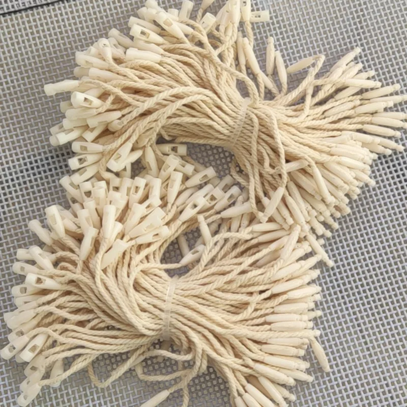 100pcs Cotton Tag Strings 10 CM Snap Lock Pin Loop Tie Fasteners Small Tag Cords Beige cotton Garment Tags Ropes