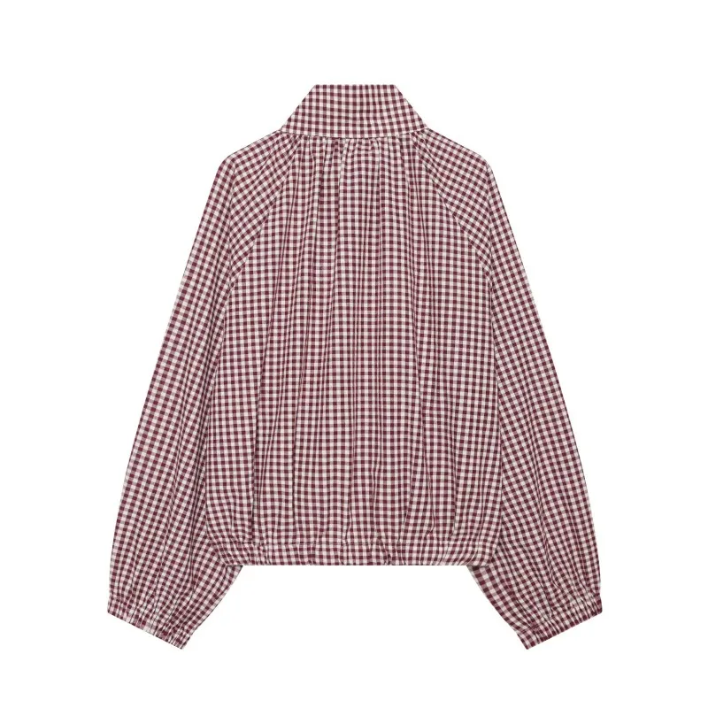 CHARMCHANT Women's Gingham Stand Collar Shirt Loose Cropped Drawstring Hem Puff Sleeve Plaid Jacket Streetwear 2026 Autumn