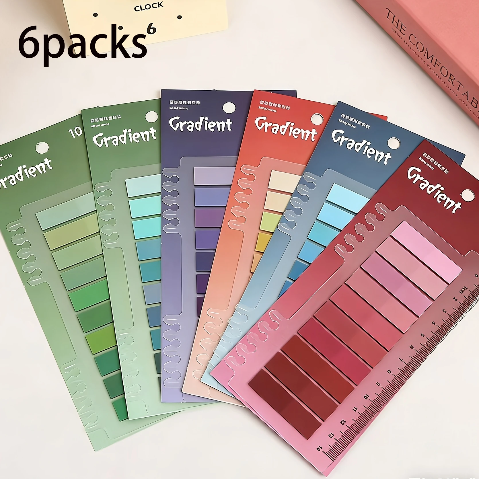 6 Packs Gradient Color Sticky Notes, Morandi Color Index Tabs, Self-Adhesive Page Markers with Ruler,Writable Memo Pads for Book