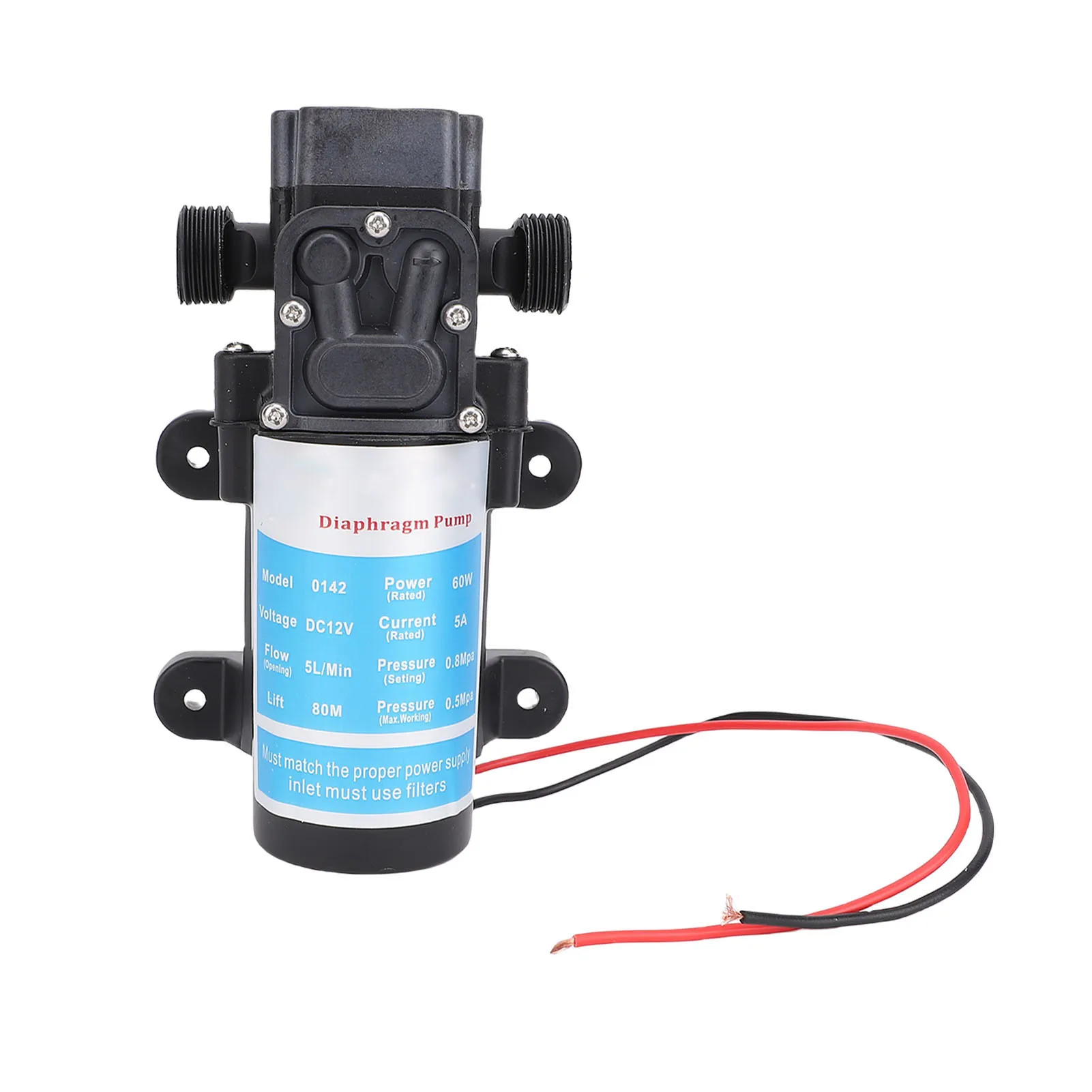 12V micro-membraanpomp, zelfaanzuigende waterdrukpomp voor gebruik in campers, voor het wassen van auto's en het besproeien, 60W, 80 meter opvoerhoogte, G1/2 aansluiting voor in- en uitlaat.