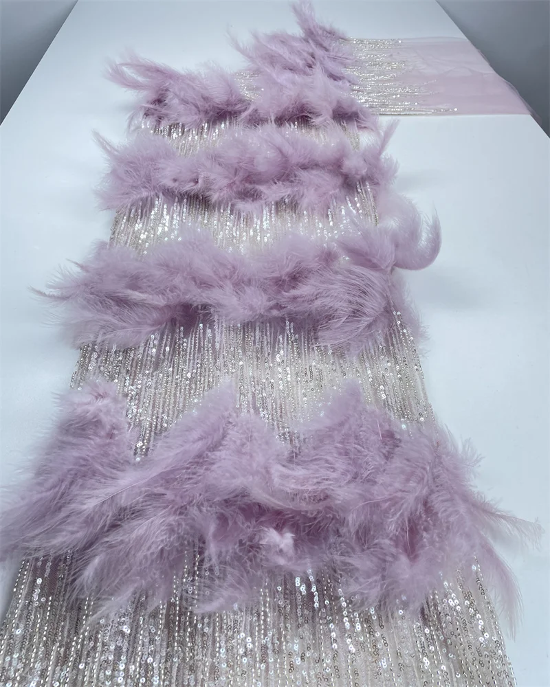 Luxury African Handmade 3d Feather Heavy Beaded Lace Fabric High Quality French Sequin Tulle Lace for Wedding Dresses