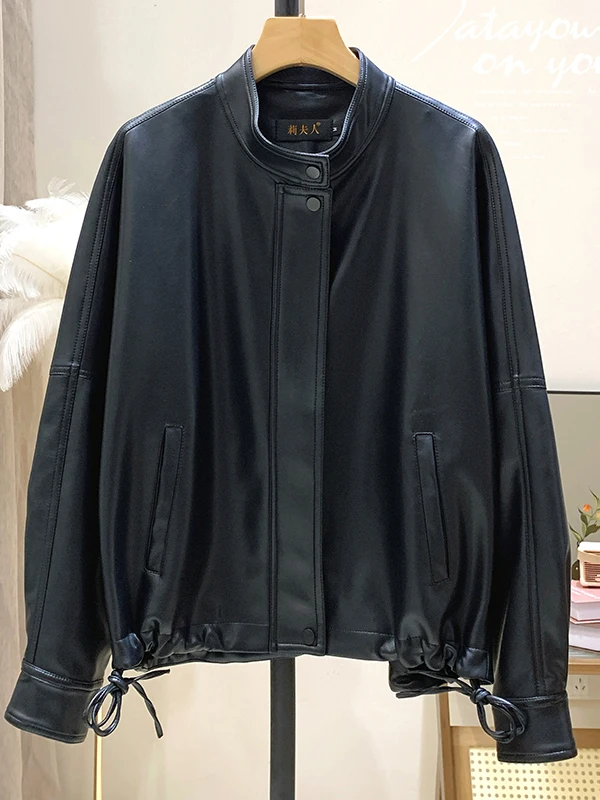 Ning Genuine Leather Jacket Women's Short Style 2026 New Spring Sheepskin Stand Collar Loose Small Size Jacket Coat