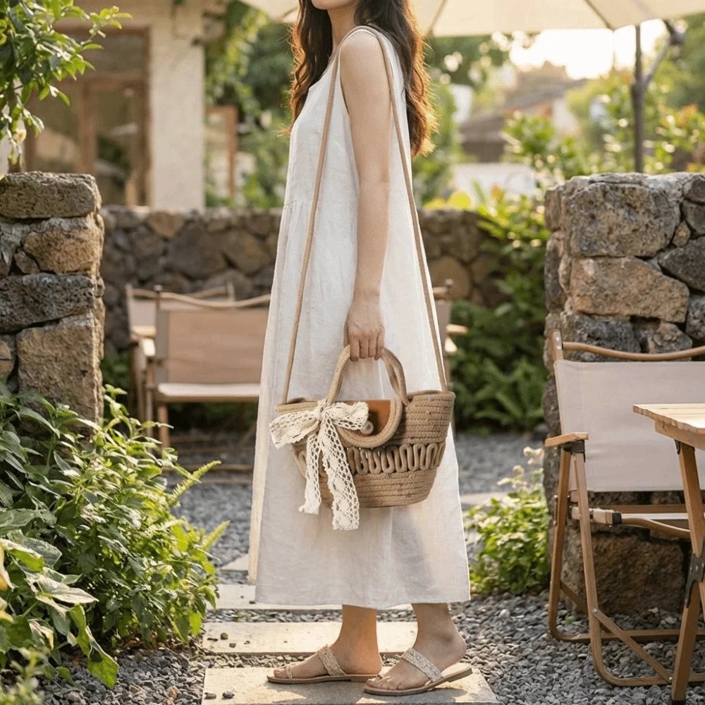 

Casual Large Capacity Weave Straw Bag With Ribbon Hollow Basket Bag Handbag French Style Beach Tote Bag Shopping