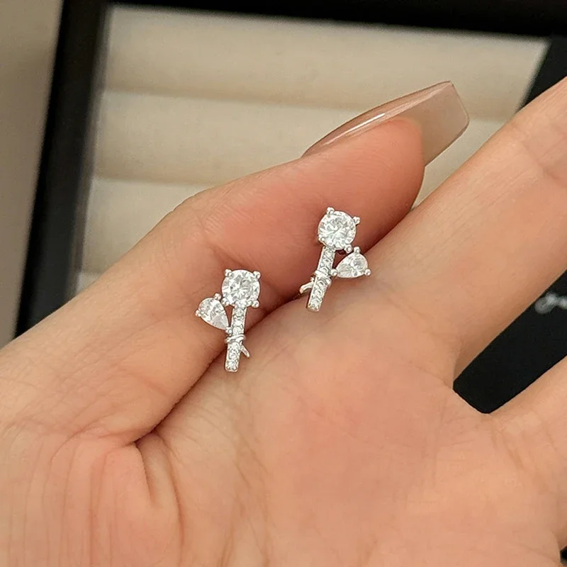 S999 Sterling Silver Needle Mini Geometric Zircon Water Drop Stud Earrings for Charm Women Fashion Jewelry Daily Accessories
