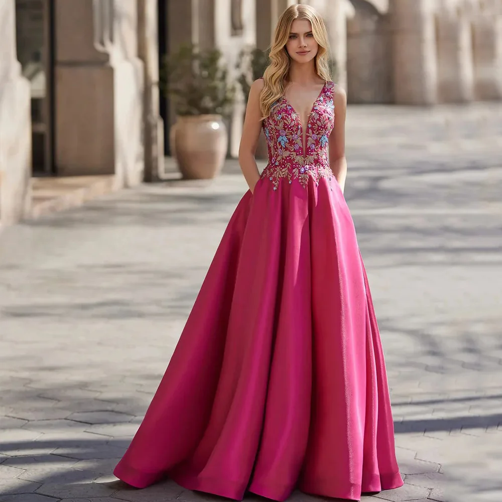 

Exquisite Evening Dress Customized V-Neck A-Line Floor Length Fuchsia Prom Gown Satin Appliques with Pocket Evening Gown