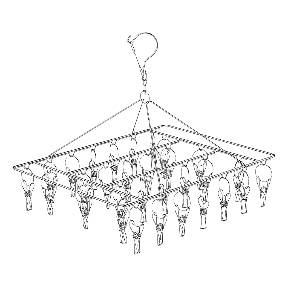 

Складная сушилка для носков из нержавеющей стали с 46 зажимами, металлические вешалки для носков с зажимами, вращающийся на 360 градусов крючок, ветрозащитная.