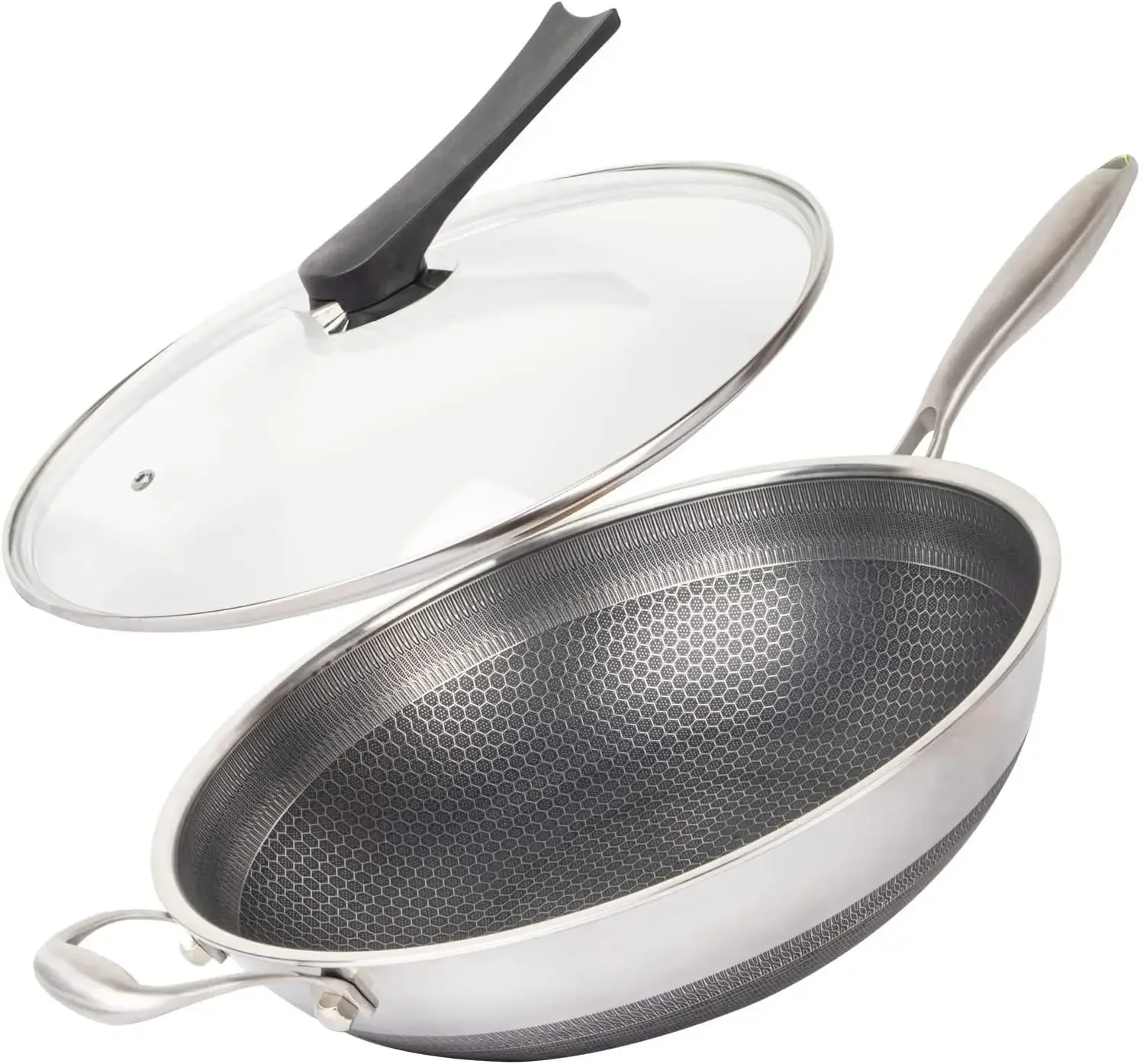 

13'' 316L Stainless Steel Stir-fry Wok with Lid,Non Stick Skillet with Stay-cool Handle