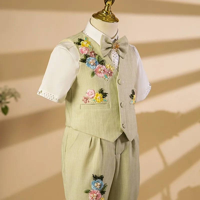 5-teiliges Set: Hellgrüne Weste mit Blumenstickerei für Jungen, Kinder-Hochzeitsanzug, Blumenjungen-Outfit, Geburtstags- und Laufsteg-Kostüm, formelles Party-Outfit A4468 – Detail 6