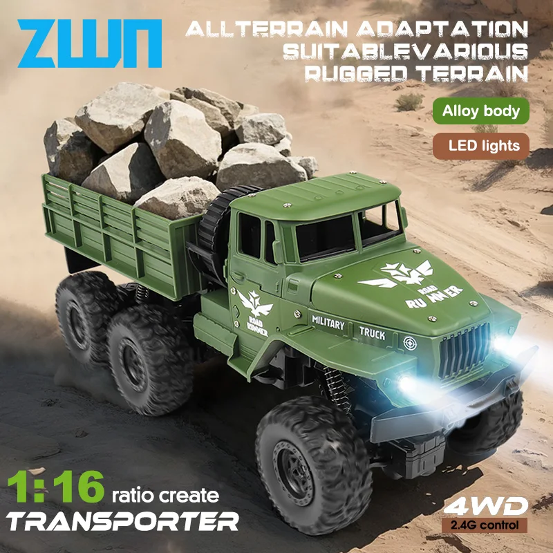 

ZWN 1:16 2,4G шестиколесный военный радиоуправляемый грузовик из алюминиевого сплава с подсветкой, уличные автомобили с дистанционным управлением, игрушки в подарок для детей.