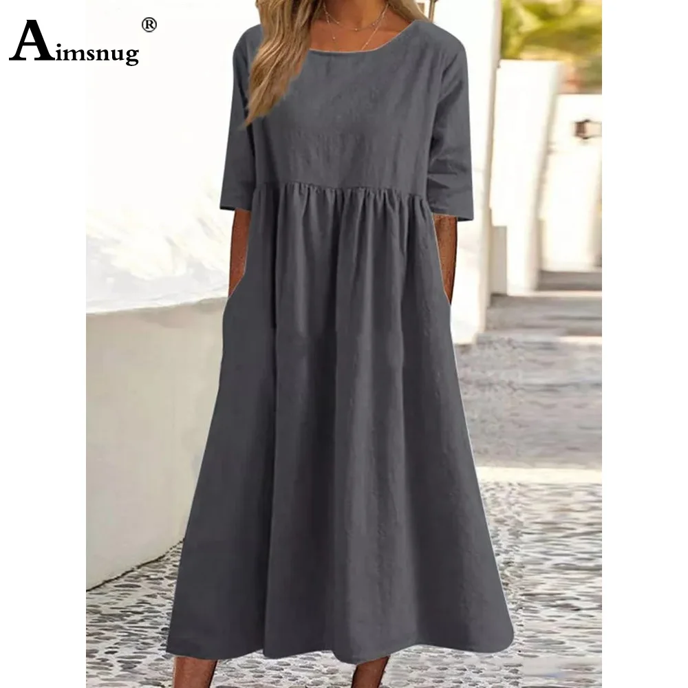 Women Short Sleeve Linen Beach Dress Solid Casual O-neck Maxi Befree Dresses Large Big Female Long Pleat Dress Clothing 4xl 5xl